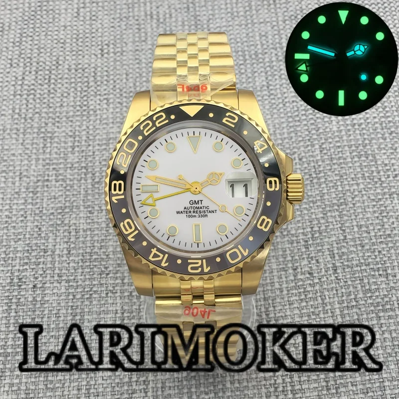 

LARIMOKER 40mm Gold GMT Automatic Mechanical Men's Watch NH34 Movement Sapphire Crystal Gold Markers C3 Green Lume Casualfashion