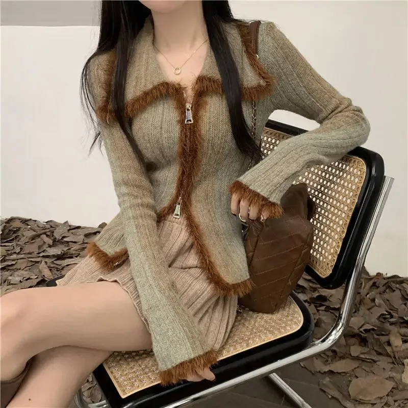 Korejepo Gradual Change Lapel Long Sleeved Knitted Cardigan Jacket Autumn New Retro Lazy Sweater Double Zipper Top Outside Wear