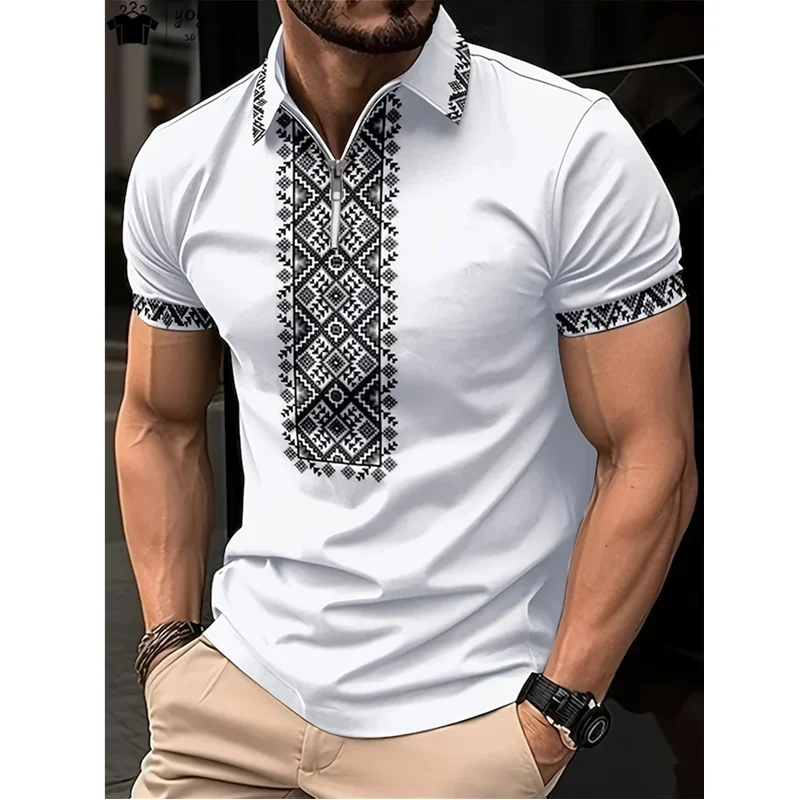 3D Vintage Ethnic Style Casual Polo Shirt Mens Big Size Big Size Short Sleeve Zip Printed Polos Fashion Outdoor Sport Polo Shirt image 3