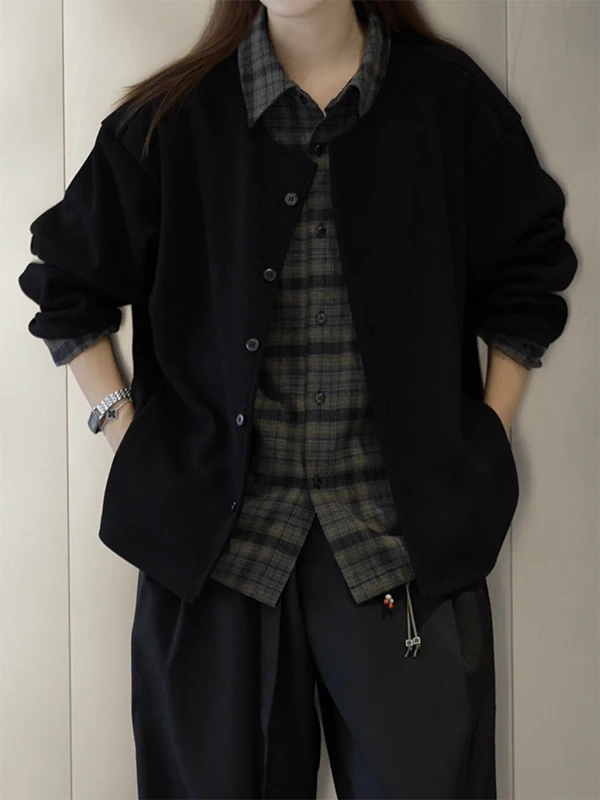 

Осенний клетчатый кардиган-свитер с эффектом двухслойности, унисекс, в американском ретро-стиле, повседневная куртка свободного кроя с длинными рукавами