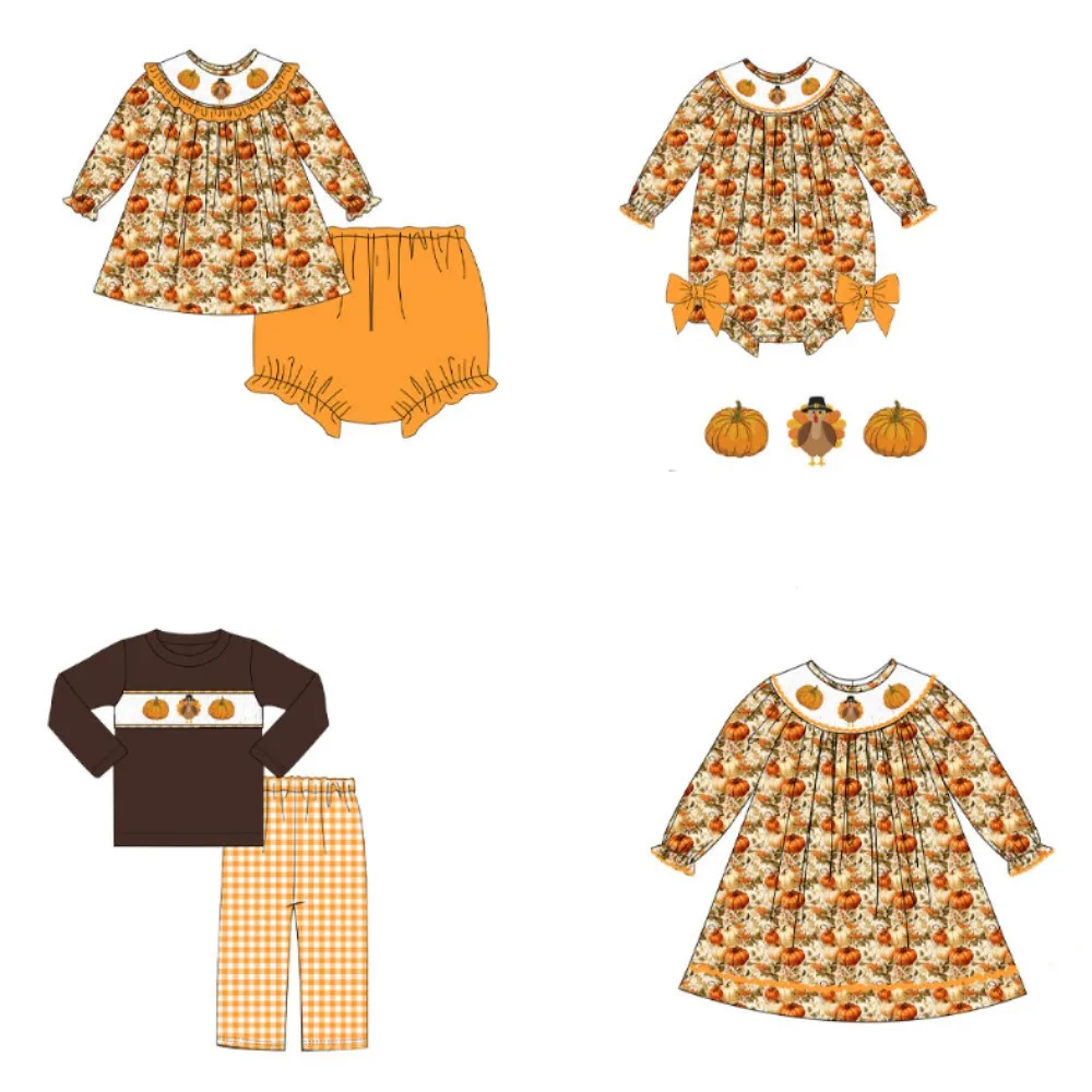 Autumn Print Children's Clothing Thanksgiving Pumpkin Pattern Long-Sleeved Pants Boutique Children's Set