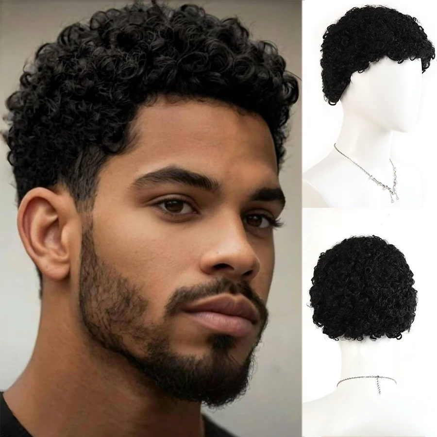 Men Short Black Afro Curly Synthetic Wig Halloween Cosplay Costume Replacement Hair Wig for Male Role Play Party