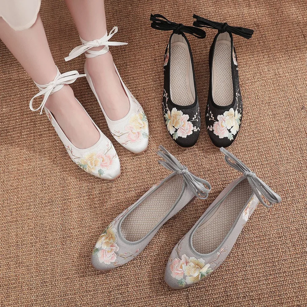 Veowalk Satin Fabric Embroidered Women Ankle Strap Ballet Flats Vegan Elegant Ladies Comfortable  Walking Shoes Black White Gray