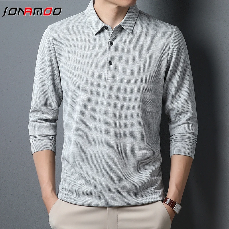 Men\'s Business Casual Polo Long Sleeve T-shirt Summer Comfortable Solid Cotton Top