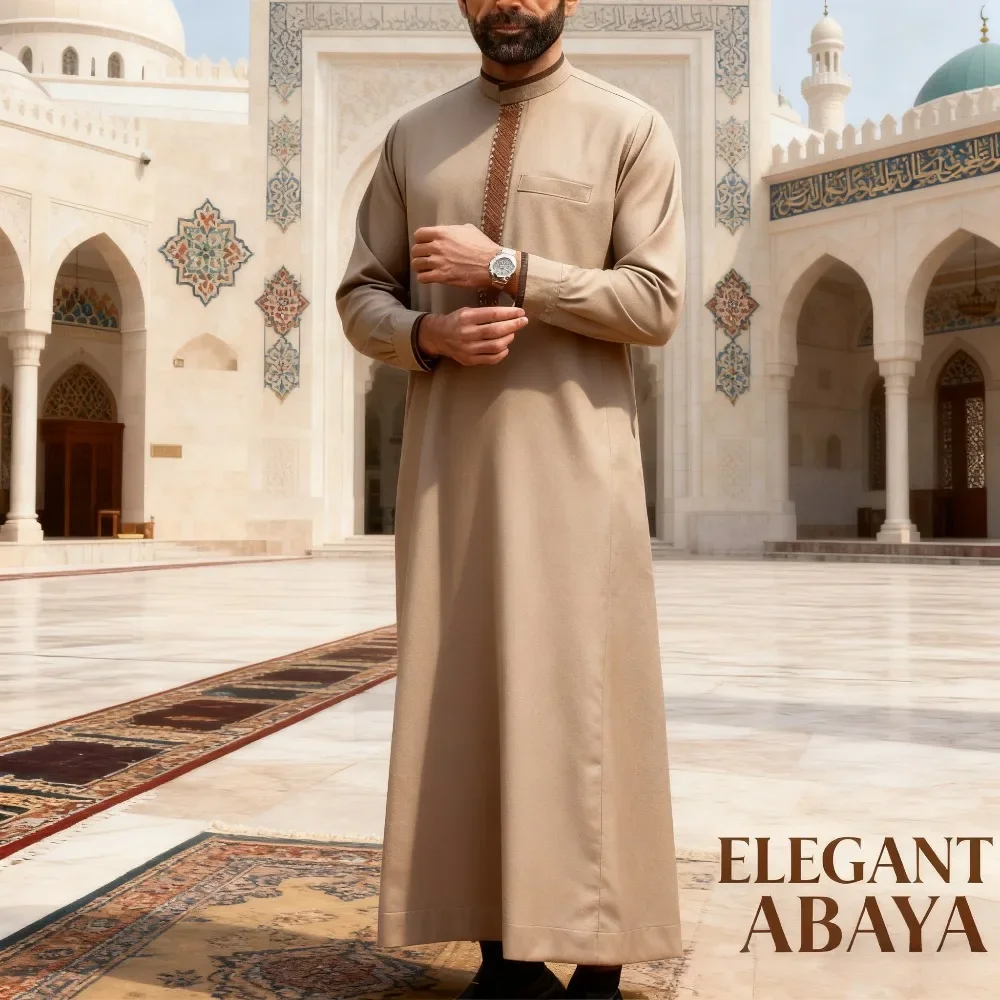 

Men's Embroidered Stand Collar Transparent Fabric Arabic Long Sleeved Robe Traditional Middle Eastern Clothing