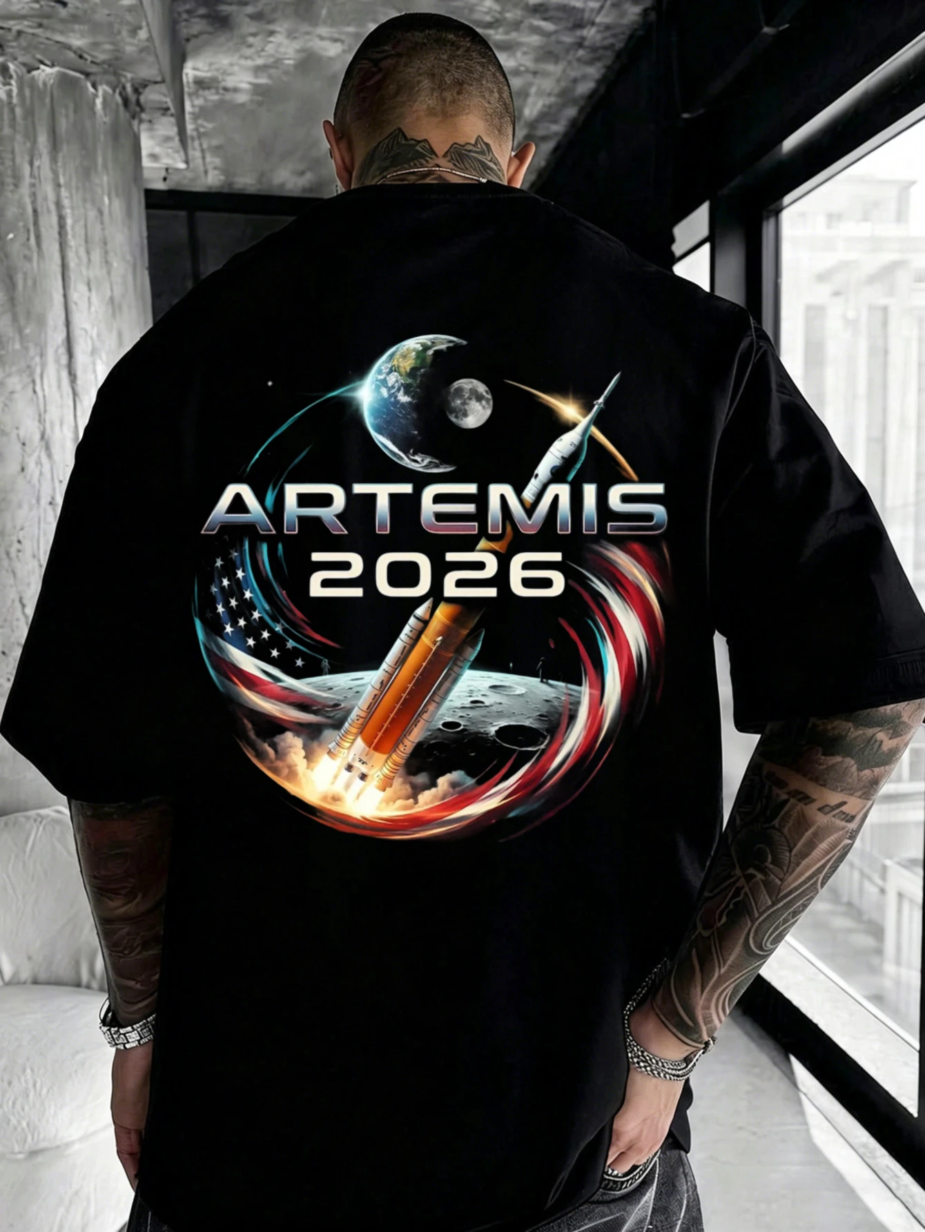 New Style Fun Unisex T-Shirt Black Artemis 2026 Space Rocket Moon Earth American Flag Print for Casual Attire Holiday Gift   Fashion Versatile Daily Casual Outfit Short Sleeve Print on Back, PLUS SIZE