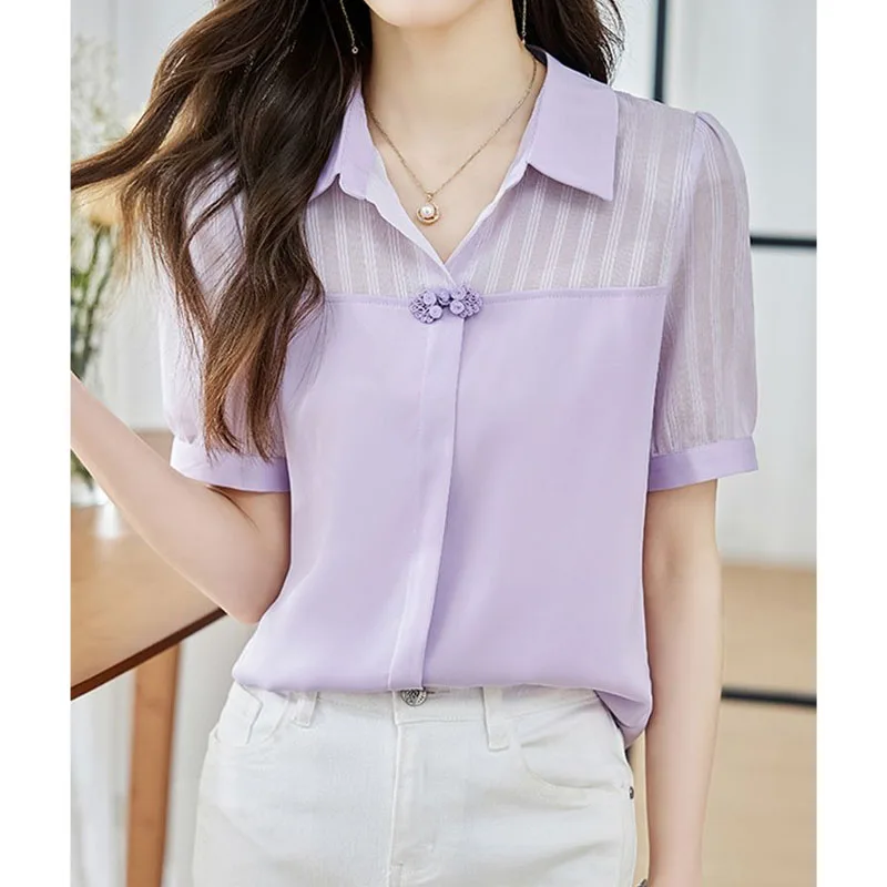 Elegante Mode Polo-Hals Chique Gesplitste Blouse Dameskleding Zomer Losse Vrouwelijke Effen Kleur Shirt Met Korte Mouwen