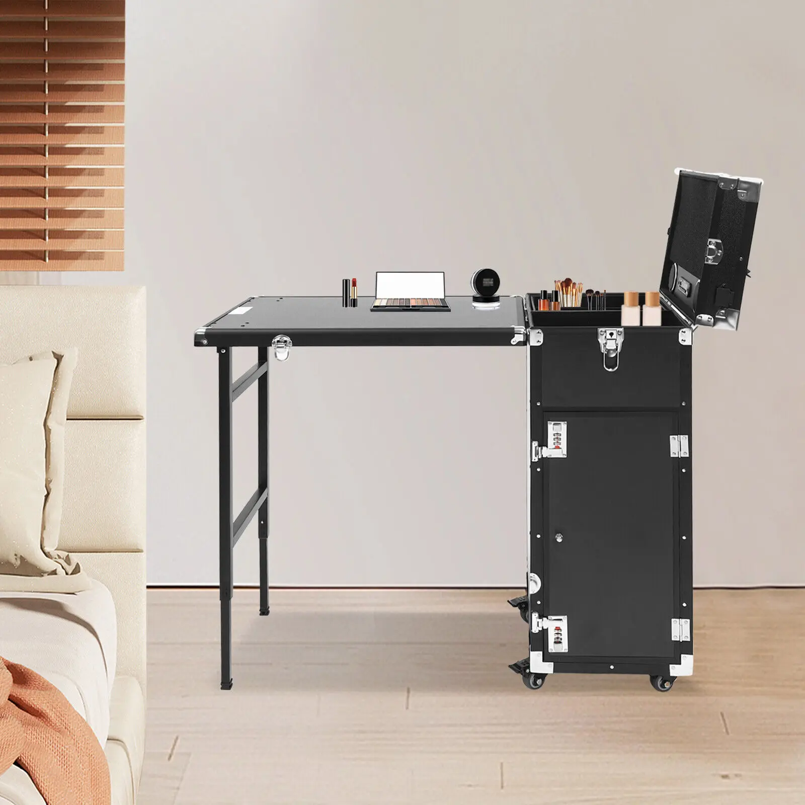 Czarny wózek kosmetyczny z Bluetooth, 2 wbudowanymi głośnikami, wieloma przegródkami do przechowywania, składanym stołem + 4 szuflady, długość 180 cm, zasilany.