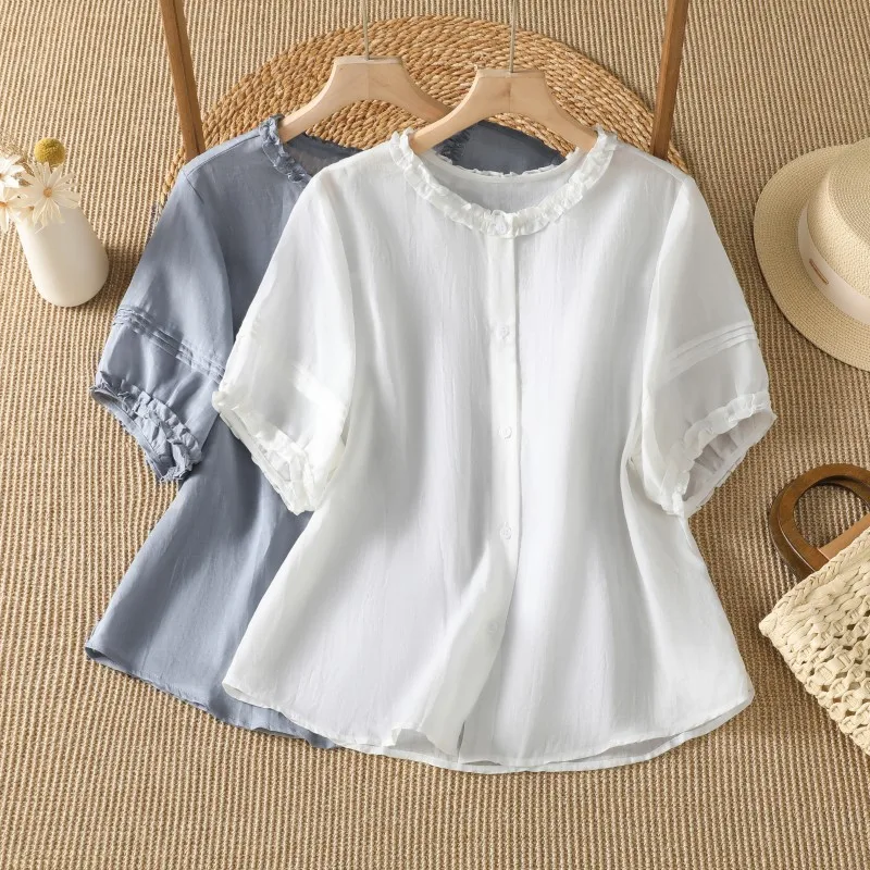 

Summer New Women's plus Size Shirt Thin Cotton Short Sleeve Earlobe Print Button up Casual Commute Style round Neck Top