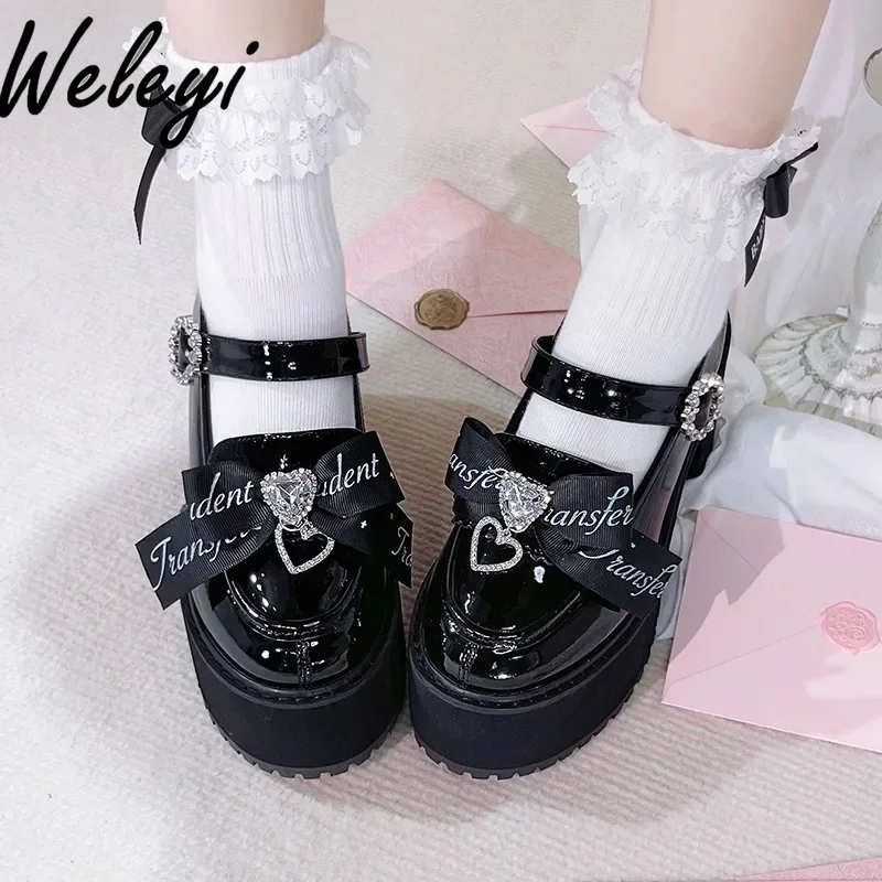 Sapatos de Muffin de Sola Grossa para Mulheres, Arco Rosa, Salto Alto, Mina Produzida em Massa Lolita, Subcultura Original, Kawaii, Menina Doce, Estilo Japonês