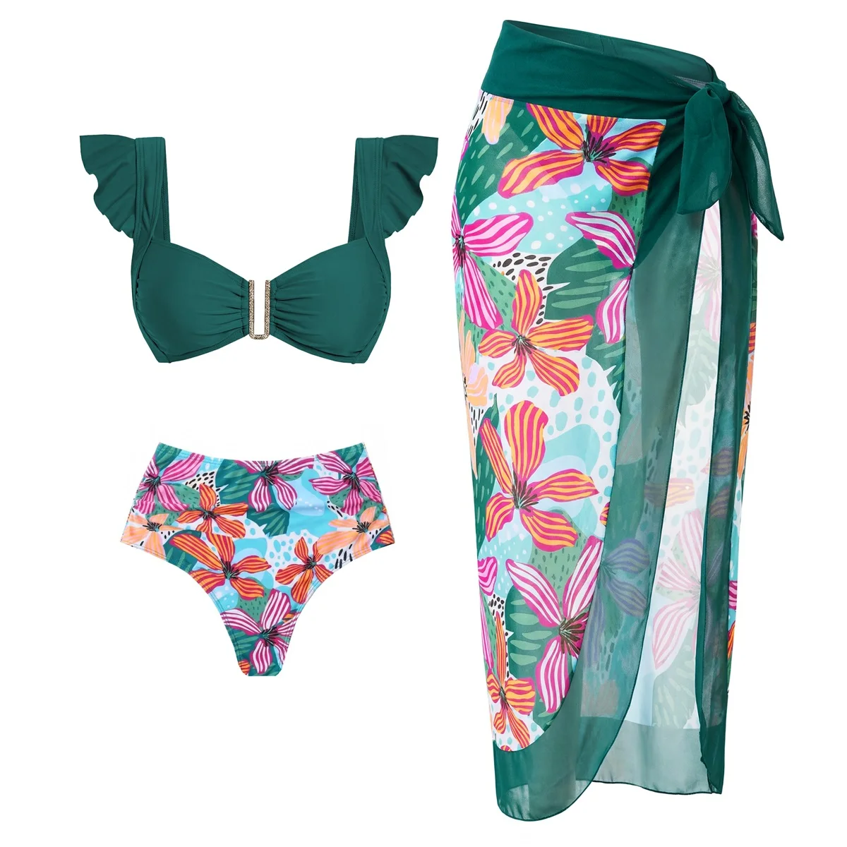 Ruffle 3Pcs Printed Swimsuit With Cover Up Sexy Women Swimwear Push Up Bikini Female Bandeau Biquini 2XL Bathing Suit Beachwear