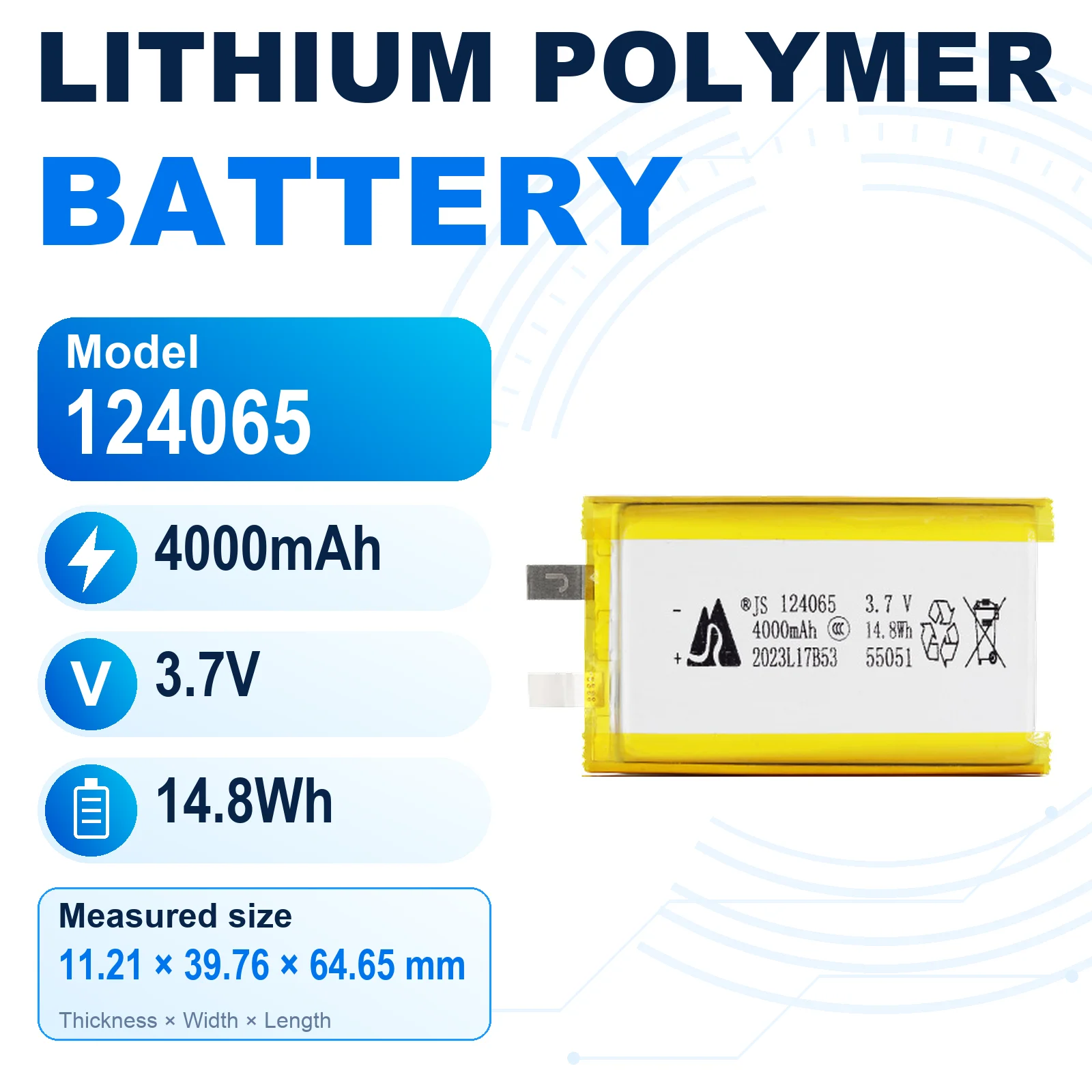 JS 124065 3.7V 4000mAh Rechargeable LiPo Battery Lithium Polymer Pouch Cell with Flat Metal Tabs