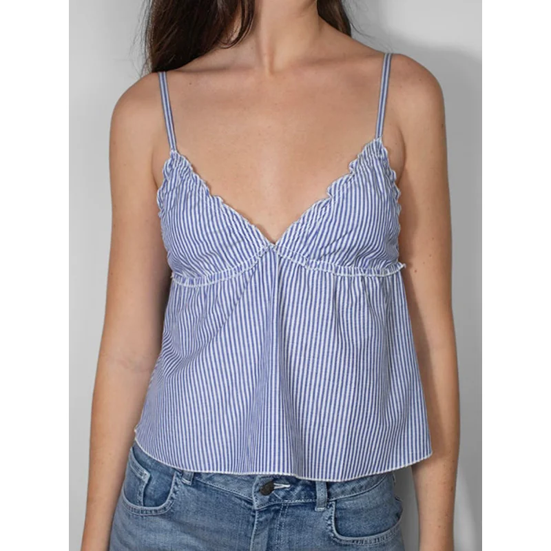 

Casual Summer Top Women Featuring a Striped Design,, Backless Style, And Spaghetti Straps