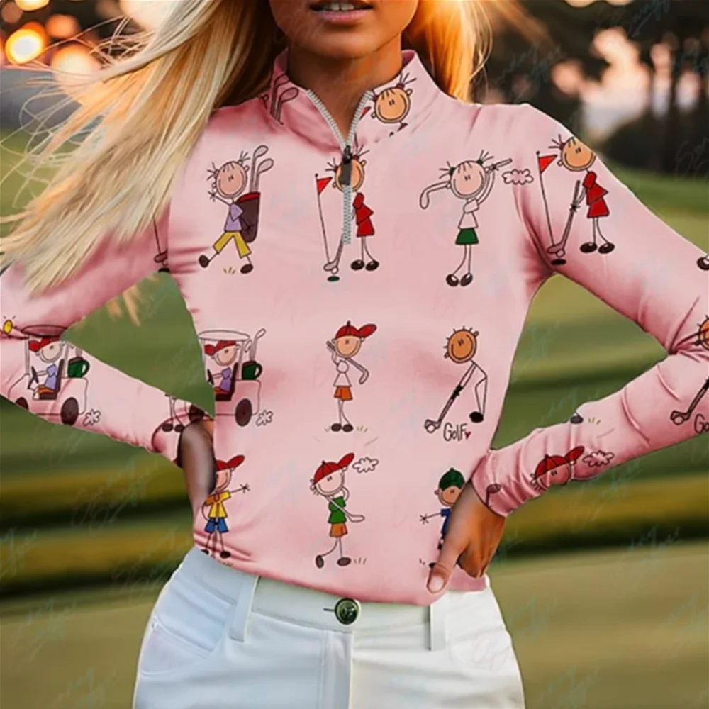 2024 new women's golf Polo camicia a maniche lunghe cute cartoon print traspirante ad asciugatura rapida autunno e inverno zipper golf top