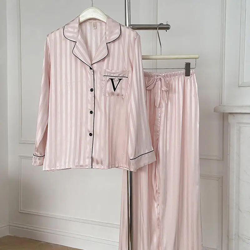 

Loose Satin Home Clothes Spring Autumn Pajamas Nightwear Print V Lounge Wear Two Piece Set Print Long Sleeve Trouser Nightwear