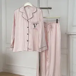 Pijama holgado de satén para el hogar, ropa de dormir con estampado en V, conjunto de dos piezas, pantalón de manga larga, primavera y otoño