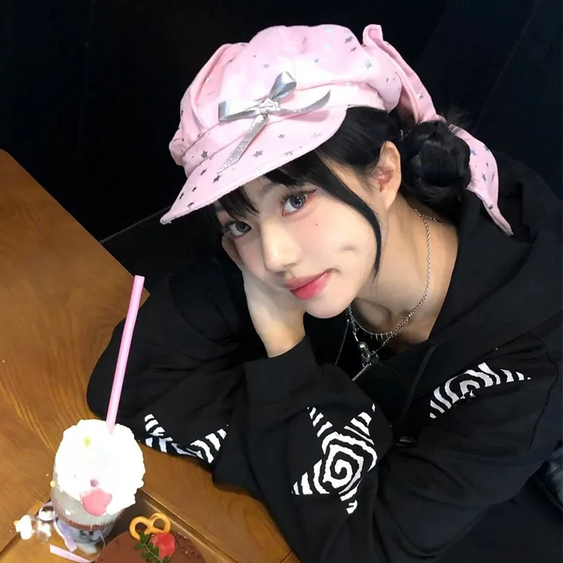 Korean Removable Rabbit Ear Beret Trend Spring and Summer Y2K Star Print Cute Large Version Octagonal Newsboy Cap for Women