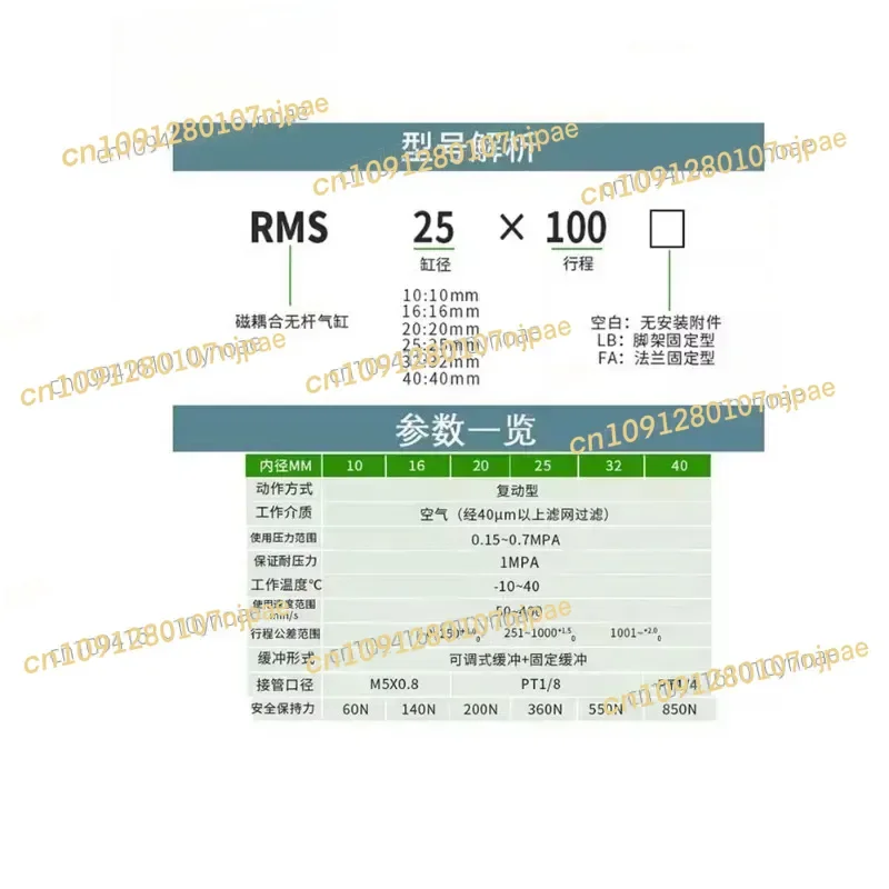 Magnetic coupling rodless cylinder RMS25/32/40X50X100X150X200X250X300