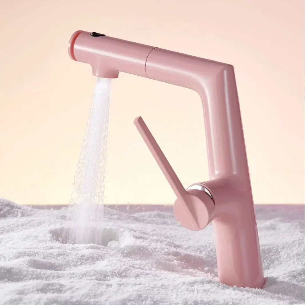 Copper basin Pink upper spray pull-out hand washing faucet Multifunctional Face washing faucet
