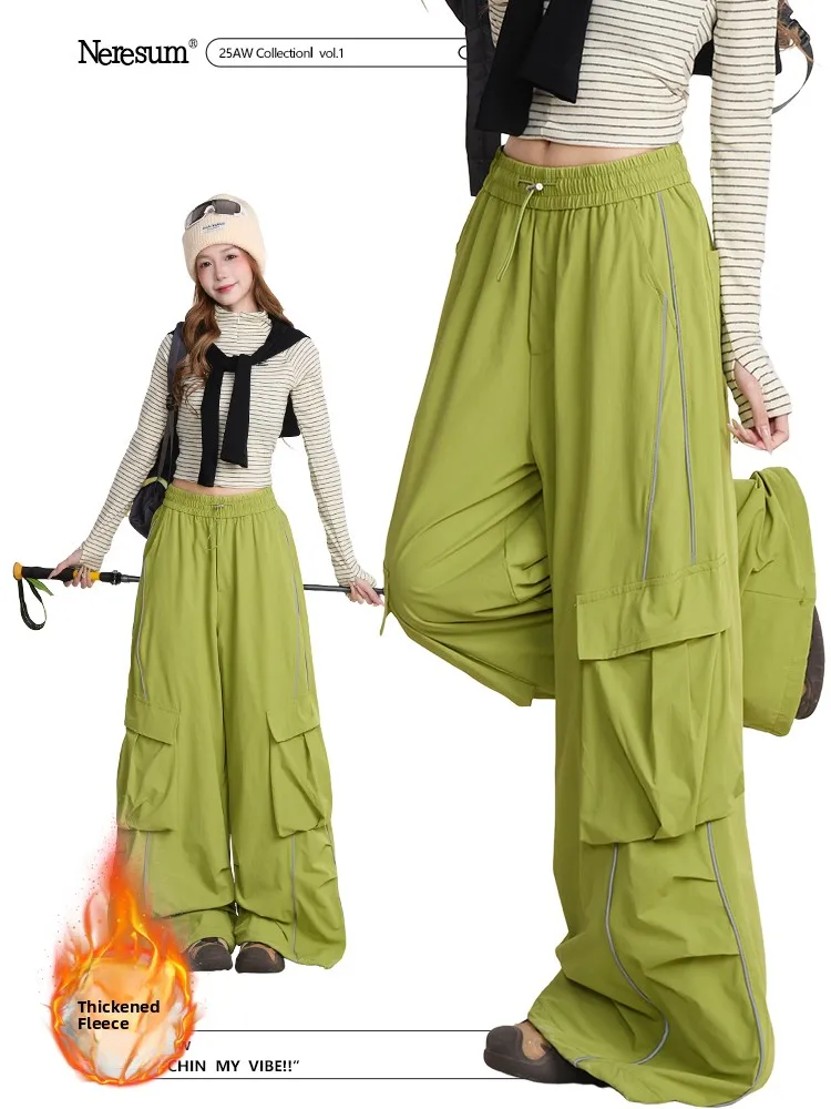 NERESUM American Style Reflective Strip Splicing Work Pants Women Winter Outdoor Hiking Mountain Climbing Thick Straight Leg ...