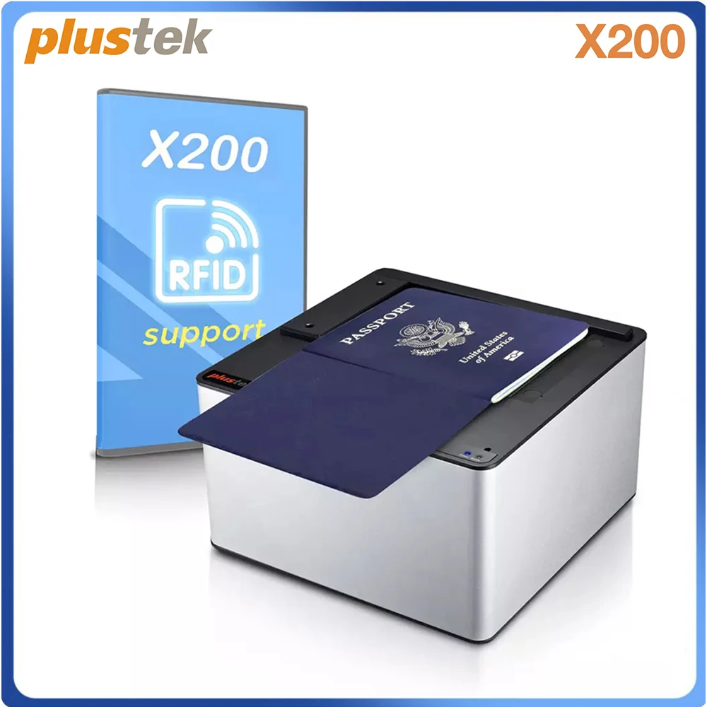 ماسح ضوئي لجواز السفر Plustek-E ، قارئ مستندات الهوية ، OCR ، MRZ ، الضوء الأبيض ، الضوء الأحمر والأشعة فوق البنفسجية بالأشعة تحت الحمراء ، SDK توفير ، RFID X200