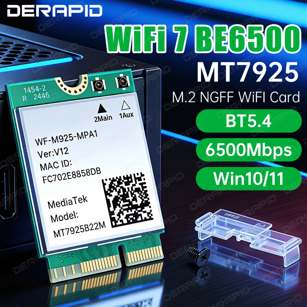 MT7925 Wi-Fi 7 M.2 6500Mbps Bluetooth 5.4 Adapter 802.11BE WiFi Network Dongle for Windows 10/11 M.2 WiFi 7 Card Better AX210NGW