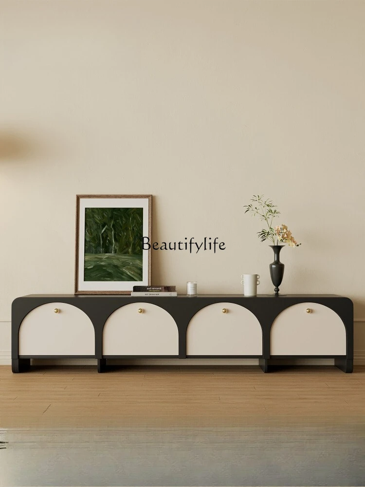 

French retro black TV cabinet living room 2025 integrated wall TV cabinet