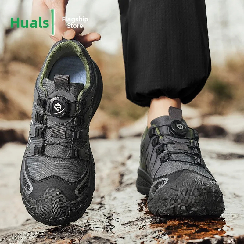 Men's Summer Outdoor Climbing Shoes Breathable Mesh Casual Sports Shoes Anti-slip Wear-resistant Soft Bottom Rotation Button