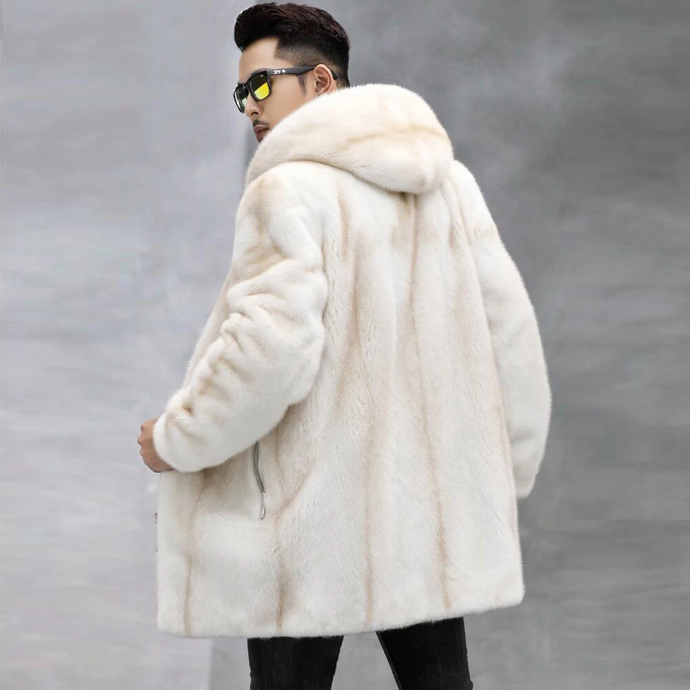 Denny&Dora Men's Mink Fur Jacket Mid-Length Fur Coat For Men Hooded Warm Winter Mink Fur Coat