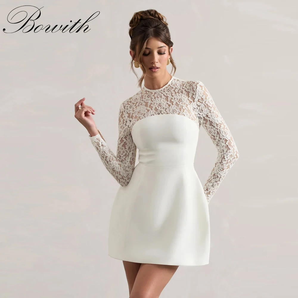

Bowith Lace Short Wedding Dresses O-Neck Long Sleeves Beach Wedding Party Dress Customized Mini Party Dresses vestidos de novia