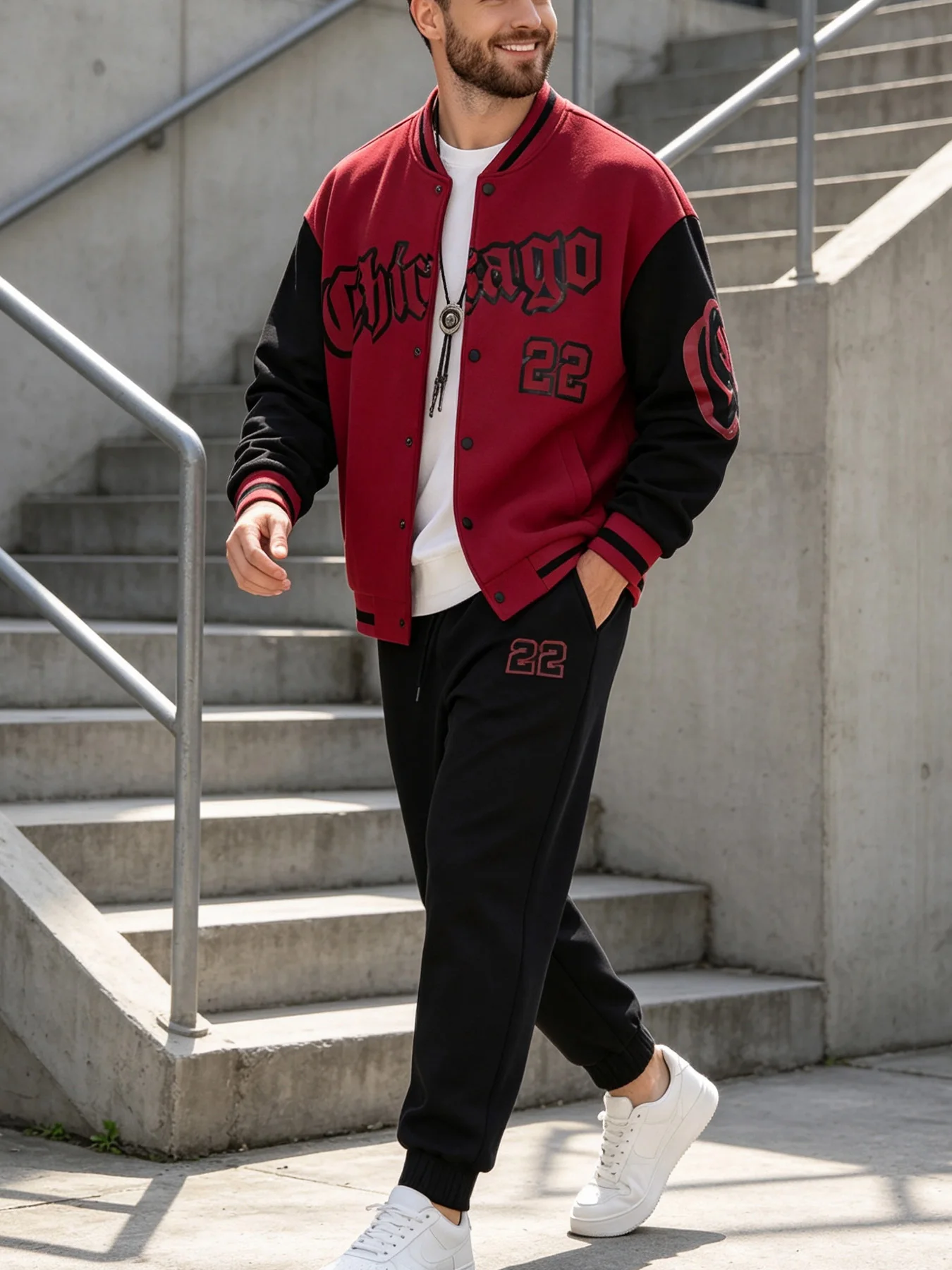 Men's Color-Block Baseball Jacket and Sweatpants Two-Piece Set, Spring and Autumn Loose Jogger Pants, Everyday Casual Versatile Sports Outfit