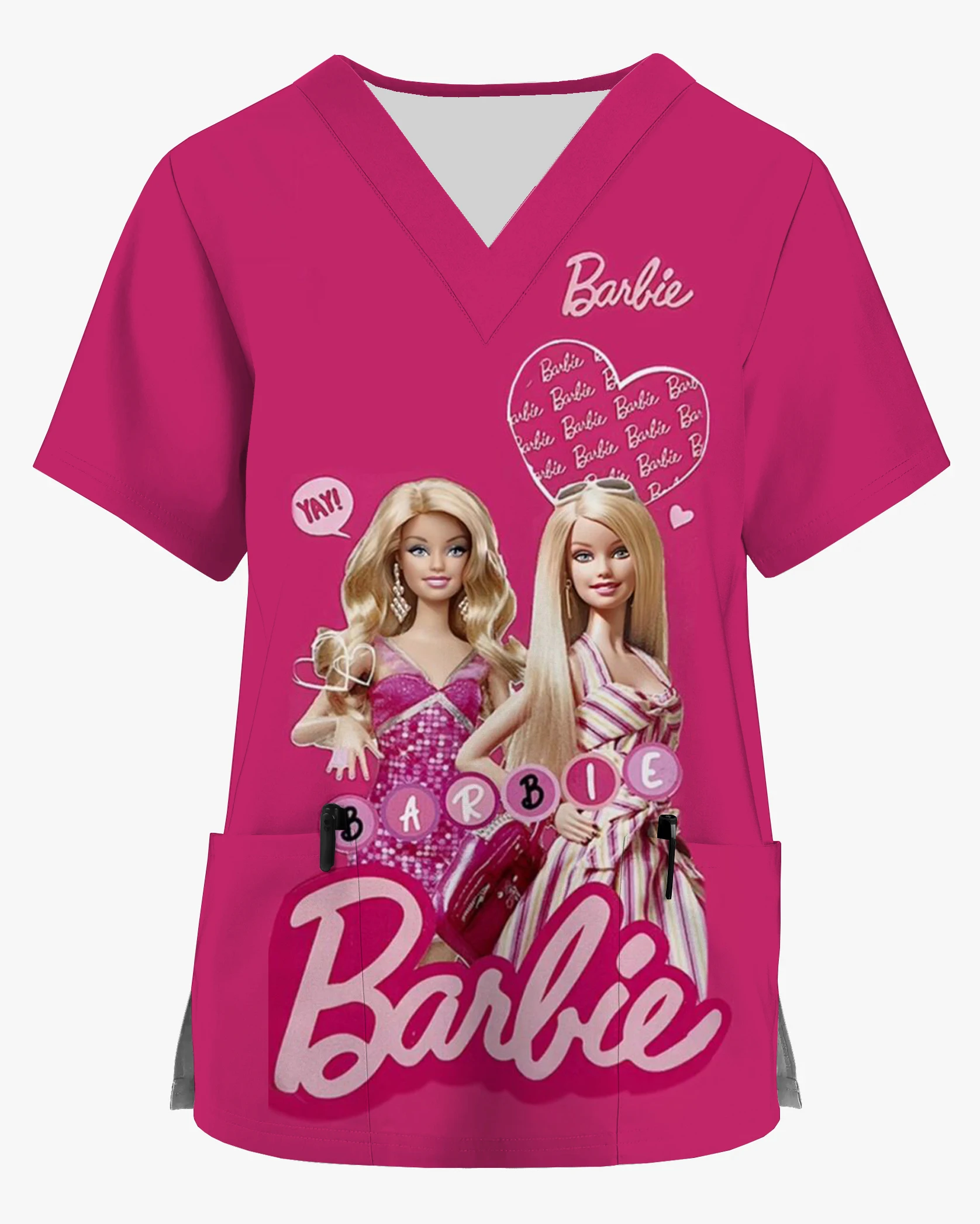 Women's Nursing Clothes Barbie Princess V-Neck Print Scrub Top Accessories Doctor Uniform Hospital Nurse Beauty Salon T-shirt