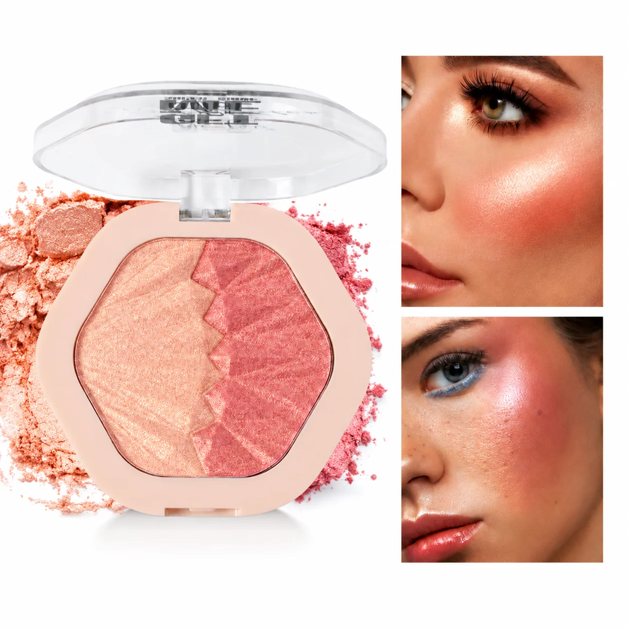 Hexagonal Two Color Shimmer Face Palette, Blendable Blush And Highlighter For Luminous Glow Look