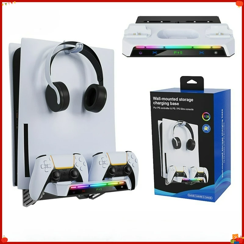 PS5 Slim Wall Mount Stand with Controller Charger Dock Headphone Hanger RGB Light for PlayStation 5 Console