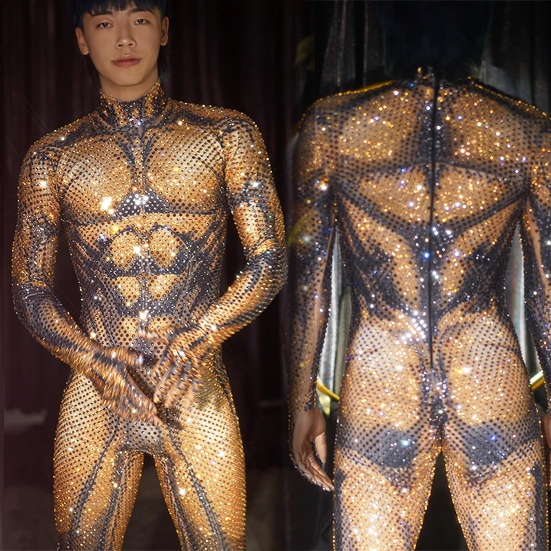 Male Full Rhinestones Jumpsuit Shiny Pole Dance Clothing Muscle Bodysuit Birthday Party Rave Outfit Gogo Dance Costume VDB7513