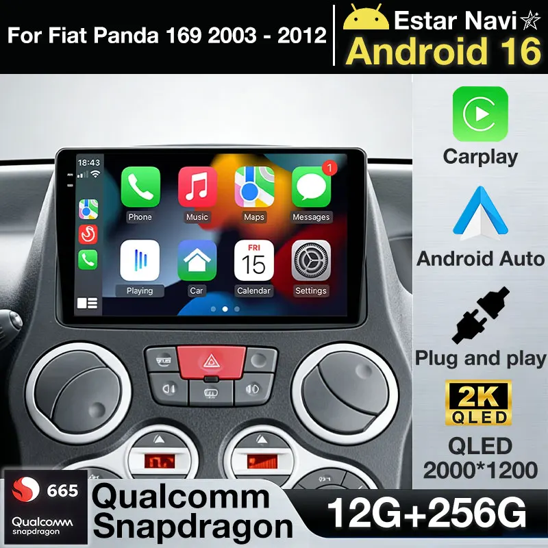 Car Radio Android 16 For Fiat Panda 169 2003 2004 2005- 2012 Carplay Auto GPS Navigation 360 Camera Stereo 2 Din Video Player BT