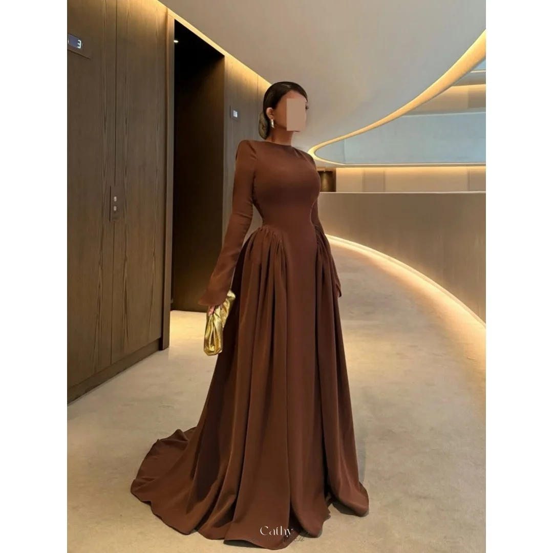 

Вечернее платье Cathy на заказ, шоколадно-коричневое, с круглым вырезом, длинными рукавами, А-силуэт, без спинки, со шлейфом, для выпускного вечера, vestidos de noiva