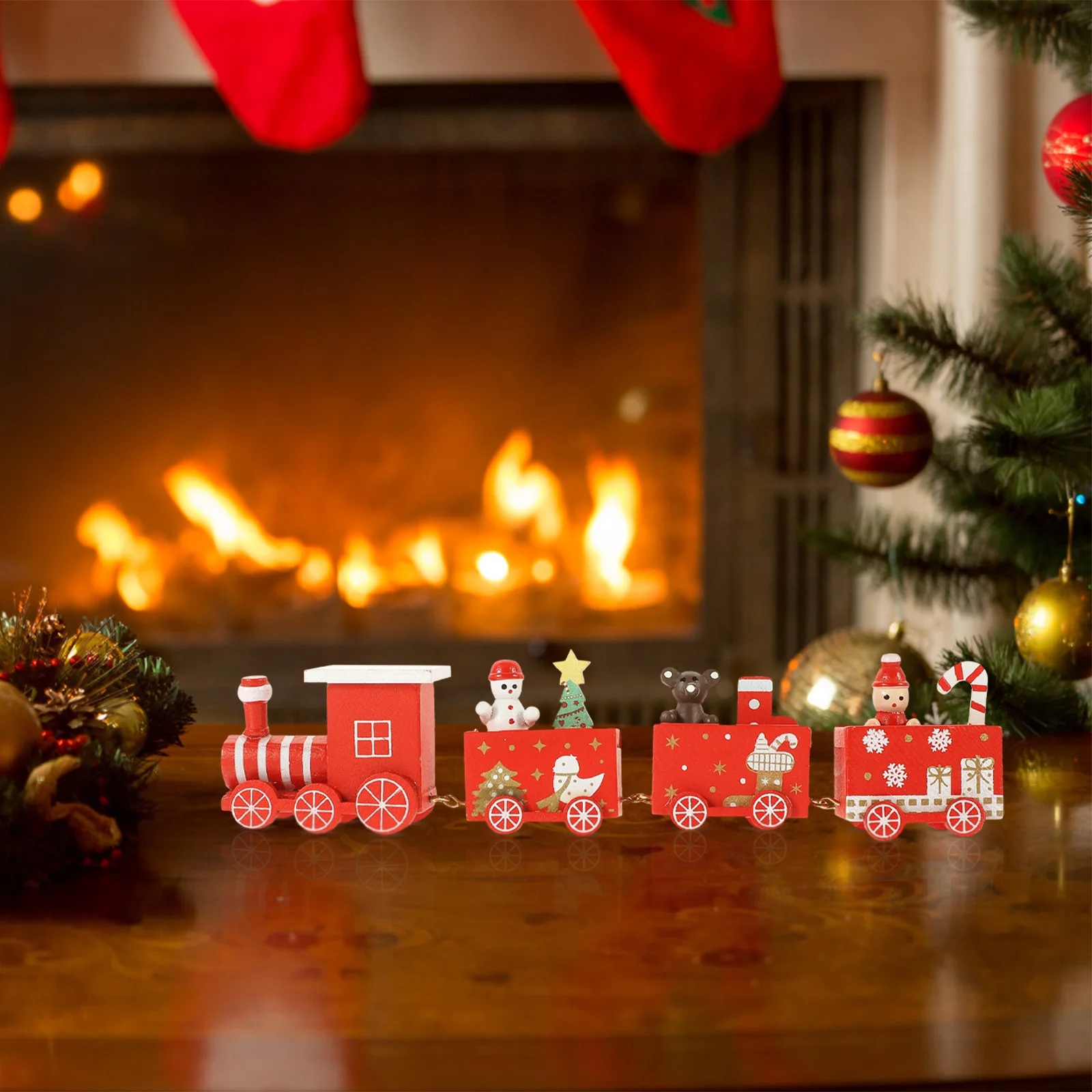 

Christmas Wooden Train Decor Mini Lightweight Holiday Tabletop Decoration for Home Office Party Xmas Desktop Decor