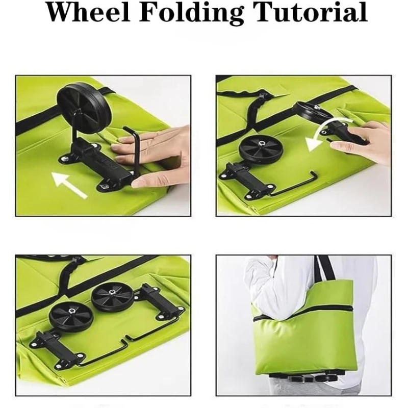 2 in 1 Lightweight Collapsible Shopping Cart, Folding Cart with Wheels, Reusable Grocery Bags, Travel Bag for Home Use (Green)