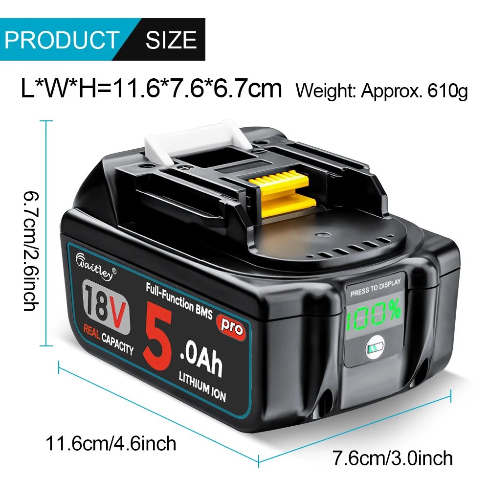 Waitley 5Ah Akku Pro für Makita 18V Elektrowerkzeuge, wiederaufladbare Akkus mit SunPower-Zellen / Ersatzzubehör BL1850 – Detail 10