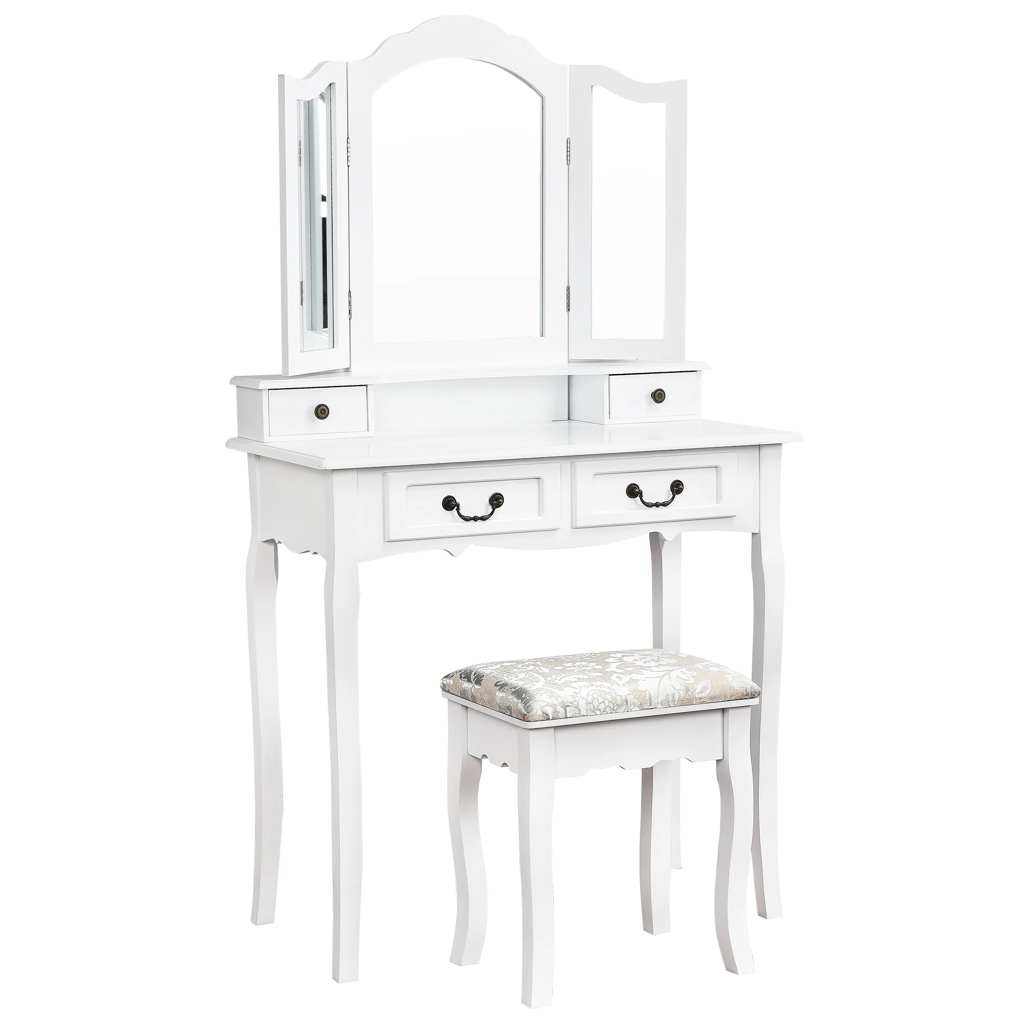 White Dressing Table with Stool with 3 Mirrors 4 Drawers MDF 80*40*140cm