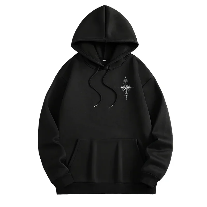 Vintage Compass Print Hoodies for Men High Quality Hooded Long Sleeve Pullover All Season Daily Casual Sports Tops Men's Clothes
