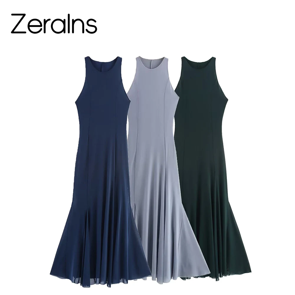 ZERAINS Autumn new women's solid color fashionable slim fit temperament triangle fabric silk mesh long dress