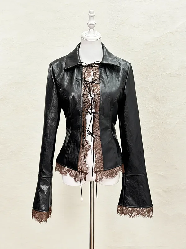 Sexy PU Leather Lace Trim Belted Women's Jacket Cross Strap Slim Fit Spring Autumn Design Trendy Outerwear Fashionable Coat
