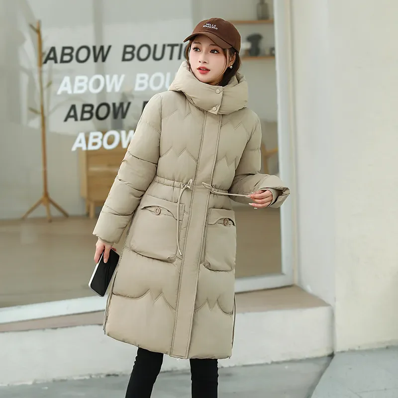 Parka Musim Dingin Tebal Hangat 2025 Mantel Berlapis Kapas Baru dengan Tudung Mantel Wanita Model Panjang Sedang Ramping Modis Mantel Katun Chic