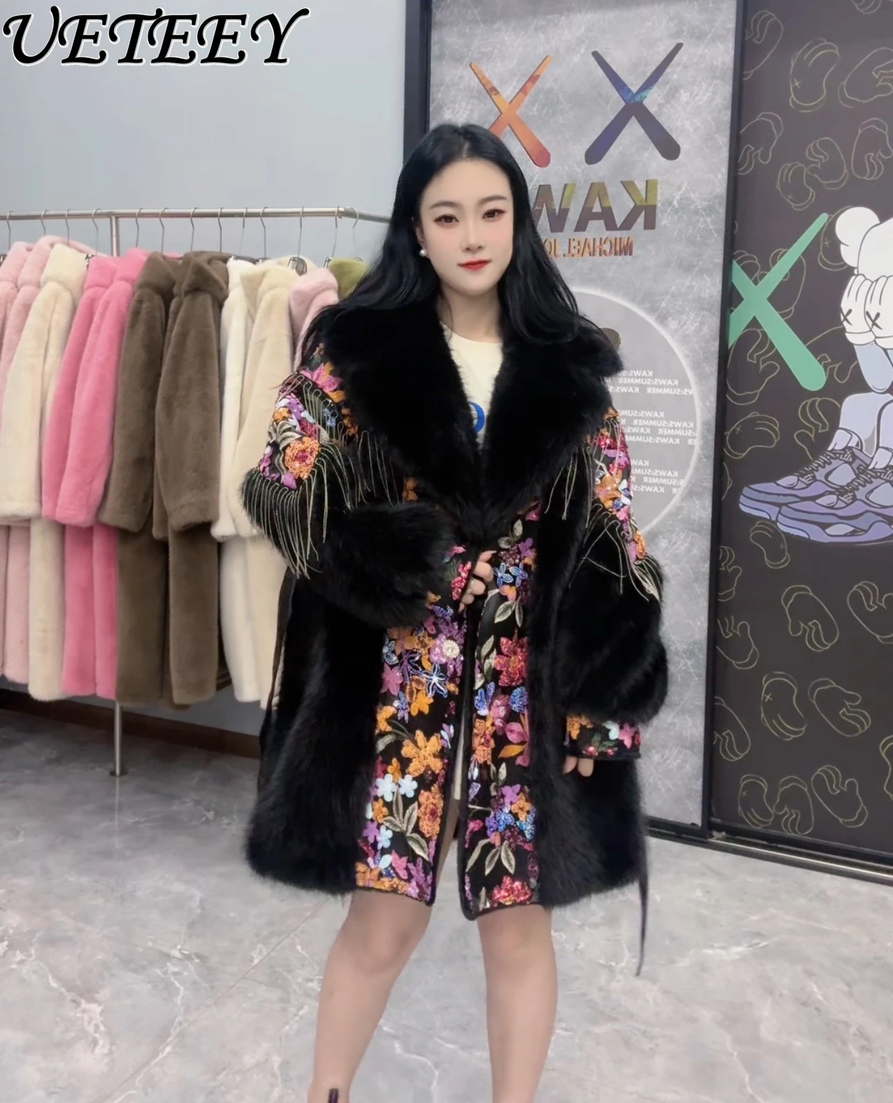 Popular High-end Sweet Fluffy Imitation Fur Coat Fashion Heavy Industry Fringed Sequins Exterior Temperament Mid-length Jacket