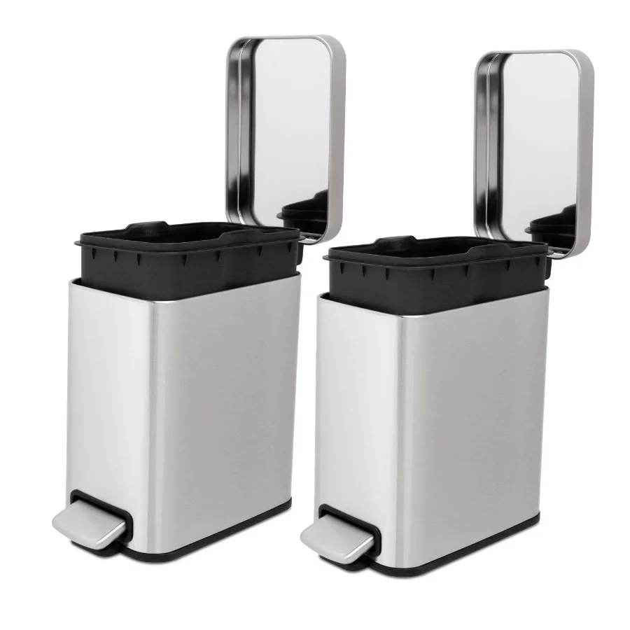 

1.3 Gallon 5L Stainless Steel Slim Step-On Trash Can "Twin Pack" Soft-Close Lid Small Bathroom Garbage Bin Set Silver