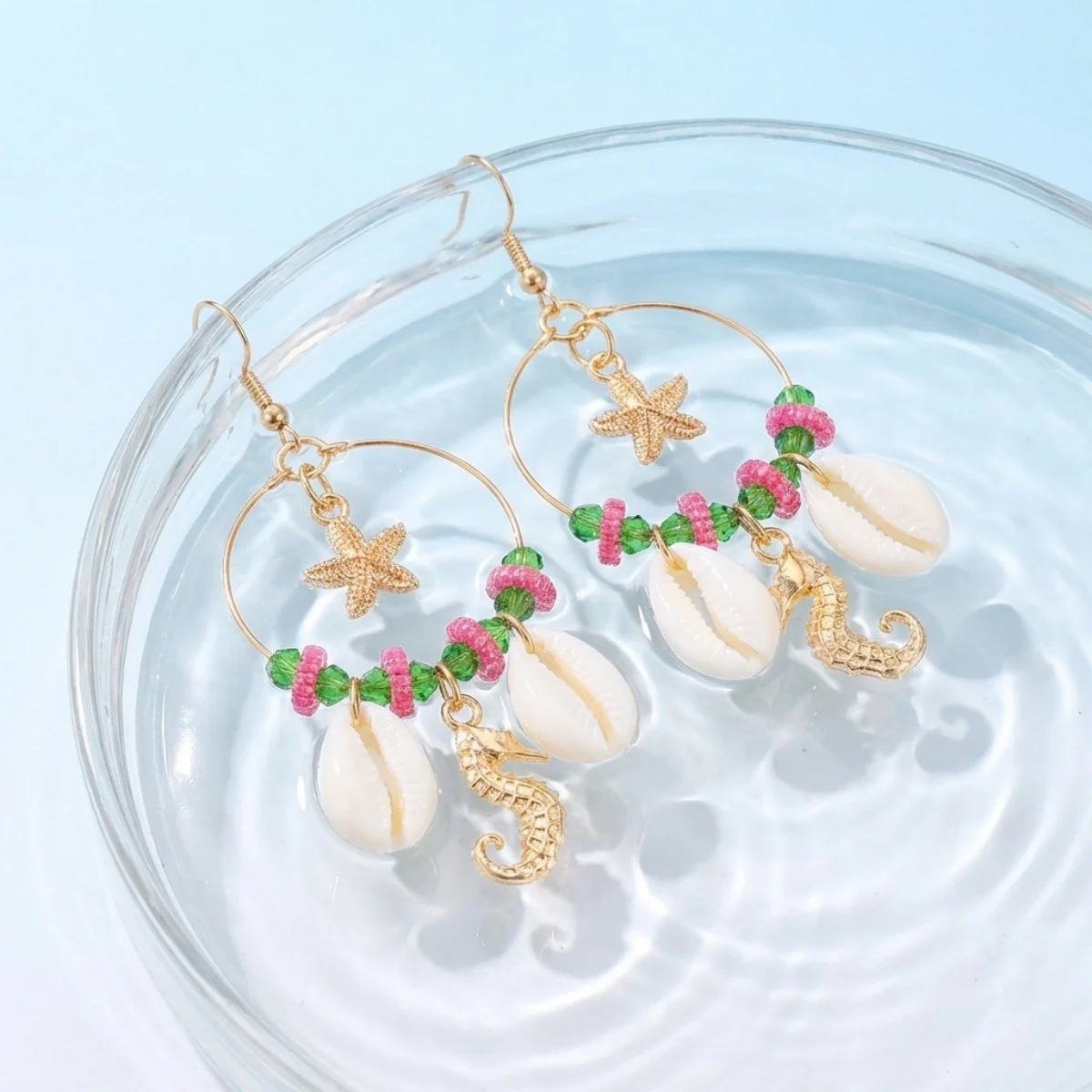 Kristall-Kreis Muschel Seestern Quasten-Ohrringe für Damen und Herren Boho Ozean Seepferdchen Ohrringe Trendiger Sommer-Strandschmuck – Detail 27