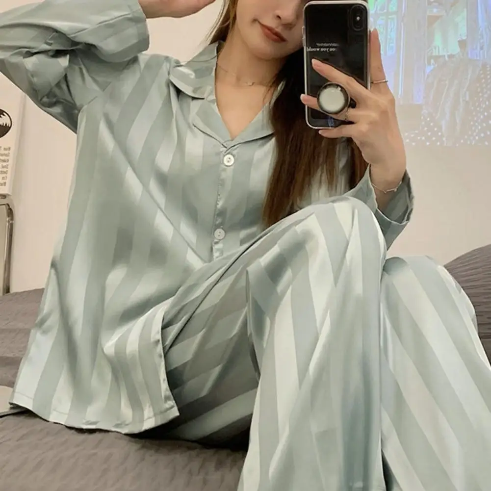 Women Lace Satin Pajama Set Women\'s Striped Silk Pajama Set with Long Sleeve Shirt Wide Leg Pants Spring/summer for Comfort