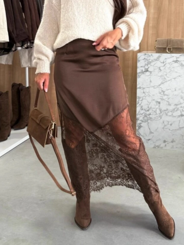 

Women Brown Elegant Patchwork Lace Skirts 2025 Fashion High Waist Slim Hollow Out Party Bobycon Midi Skirts Female